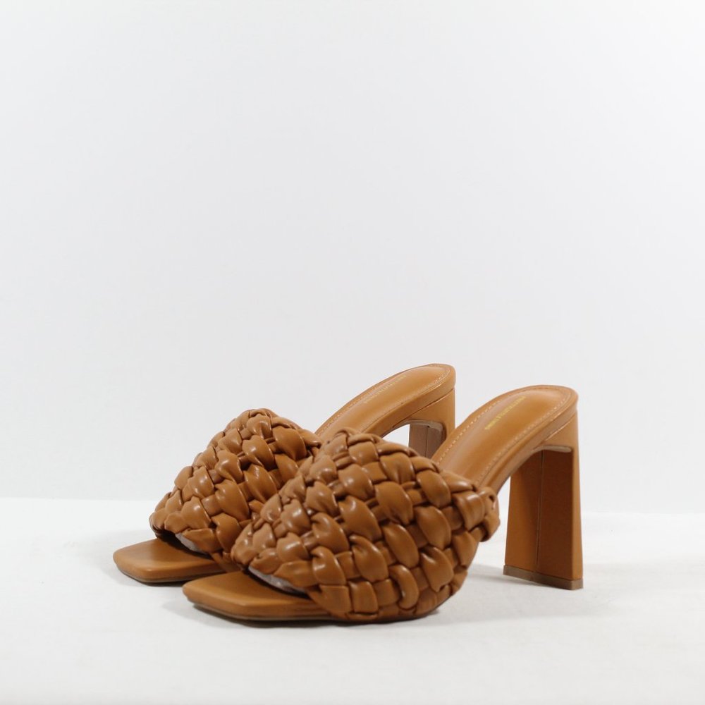 PrettyLittleThing Basket Weave Square Toe High Flat Block Heel Mules - Tan 6US